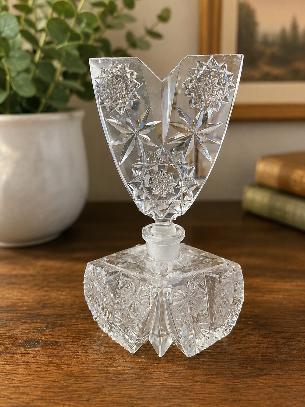 Vintage Cut Crystal Czechoslovakian Perfume Bottle w/ V-Shaped Stopper
